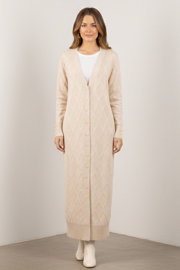 Desenli Uzun Merserize Hırka N3295 Taş Rengi