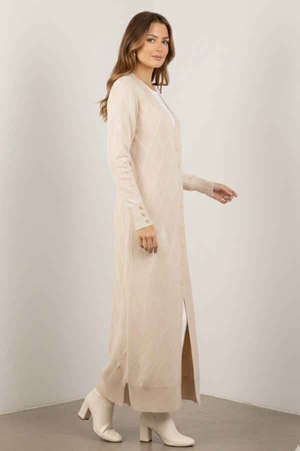 Desenli Uzun Merserize Hırka N3295 Taş Rengi