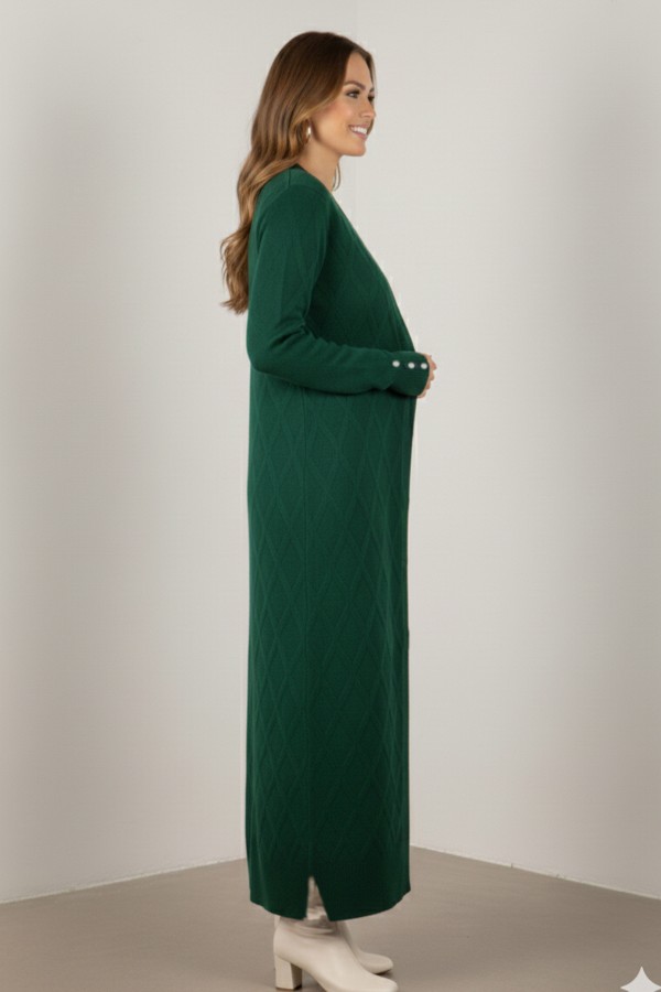 Desenli Uzun Merserize Hırka N3295 Zümrüt Yeşili