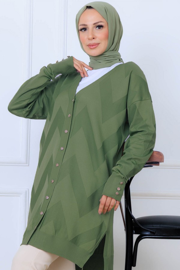 Desenli Uzun Merserize Hırka N3193 Çağla