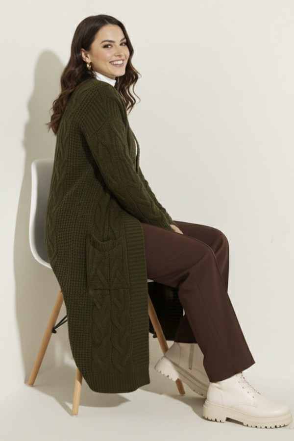 Örgü Desenli Uzun Triko Hırka R2817 Haki