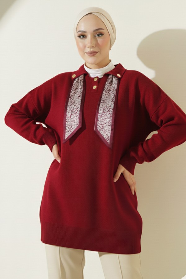 Fularlı Triko Tunik R7178 Bordo