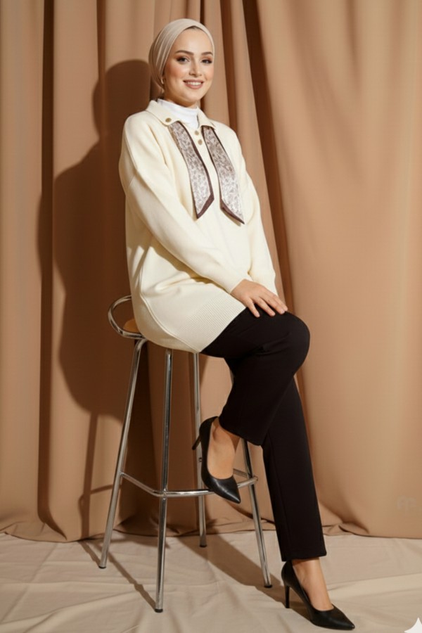 Fularlı Triko Tunik R7178 Ekru