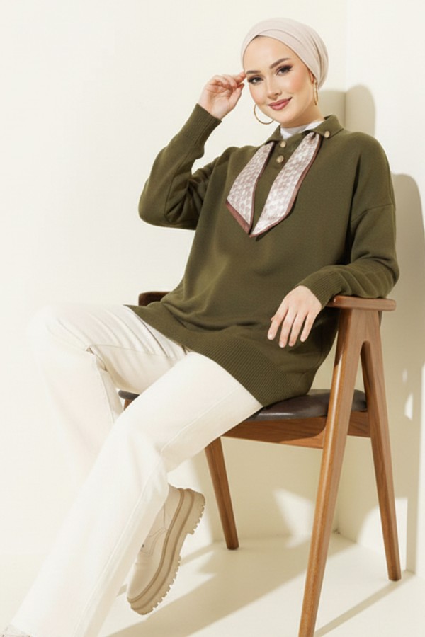 Fularlı Triko Tunik R7178 Haki