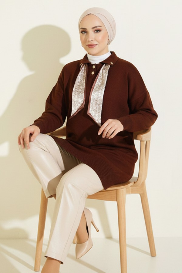 Fularlı Triko Tunik R7178 Kahverengi