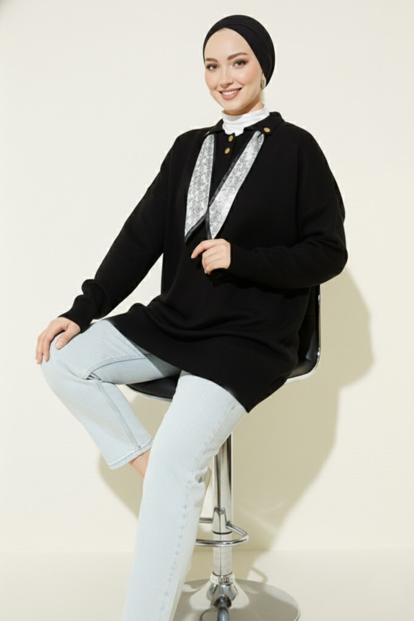 Fularlı Triko Tunik R7178 Siyah