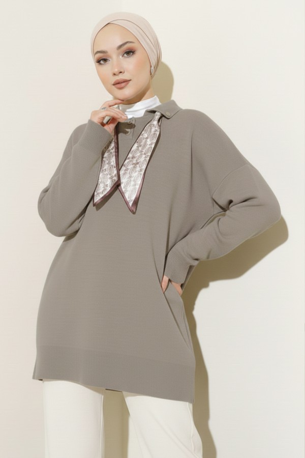 Fularlı Triko Tunik R7178 Vizon
