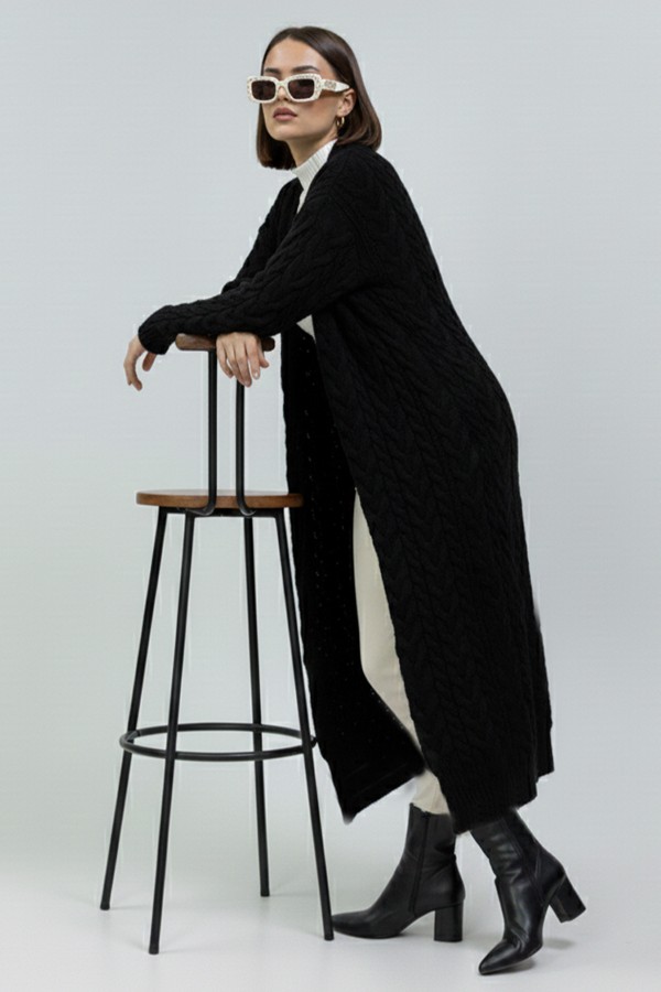 Örgü Desenli Triko Hırka R10006 Siyah Örgü Desenli Triko Hırka R10006 Siyah