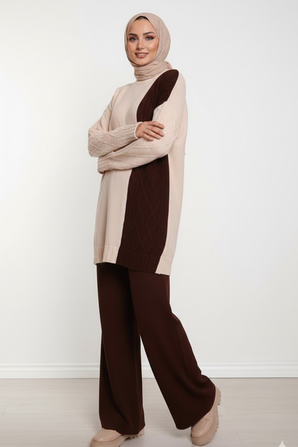 Parçalı Örgü Desen Triko Takım N7040 Kahverengi