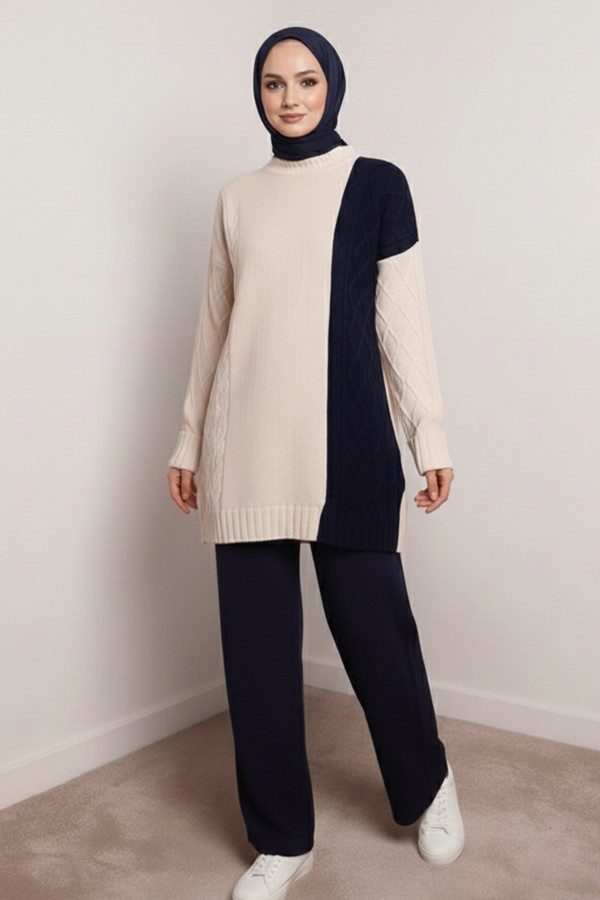 Parçalı Örgü Desen Triko Takım N7040 Lacivert
