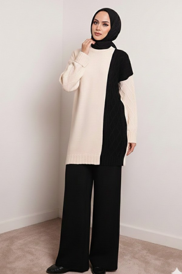 Parçalı Örgü Desen Triko Takım N7040 Siyah