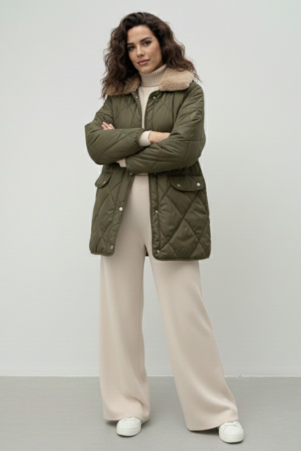 Yakası Kürklü Kapitone Mont K9180 Haki