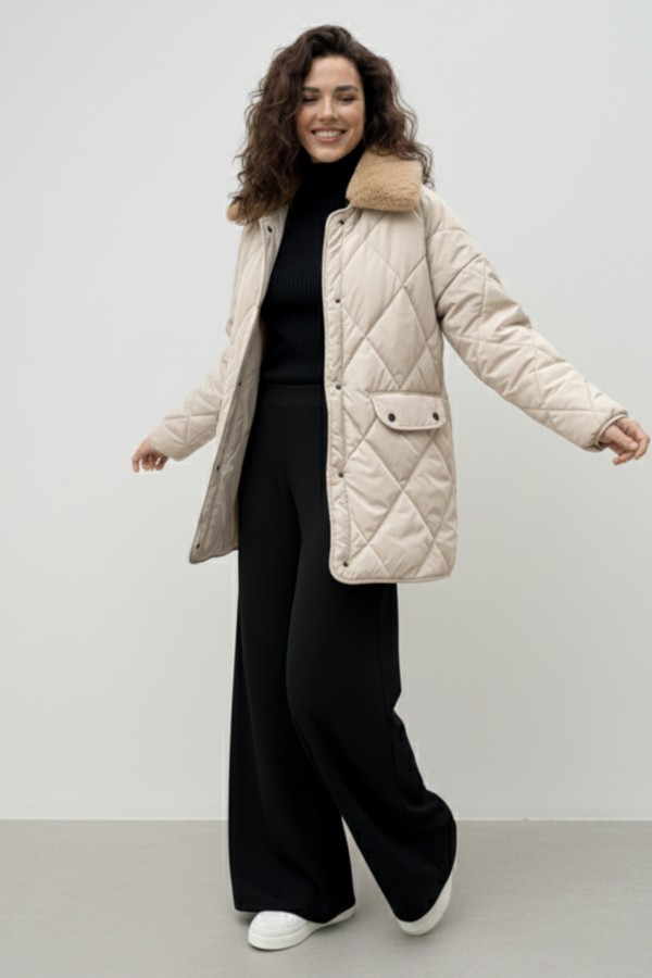 Yakası Kürklü Kapitone Mont K9180 Taş Rengi