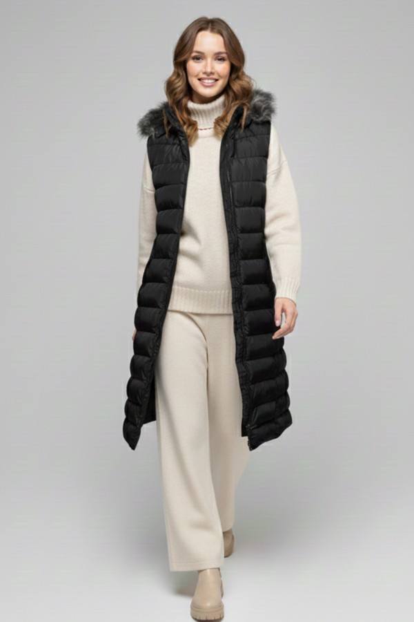 Şapkası Kürklü Şişme Yelek K9185 Siyah