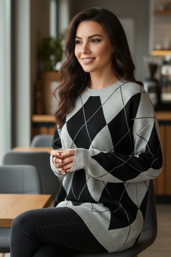 Baklava Desenli Triko Kazak N3027 Gri