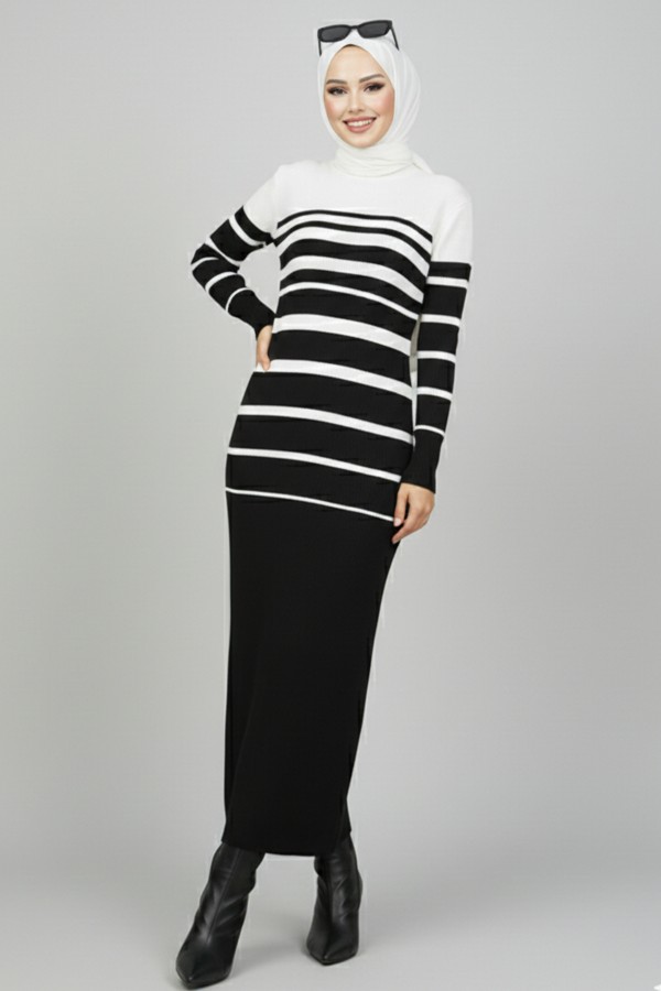 6107 Balıkçı Yaka Triko Elbise Ekru