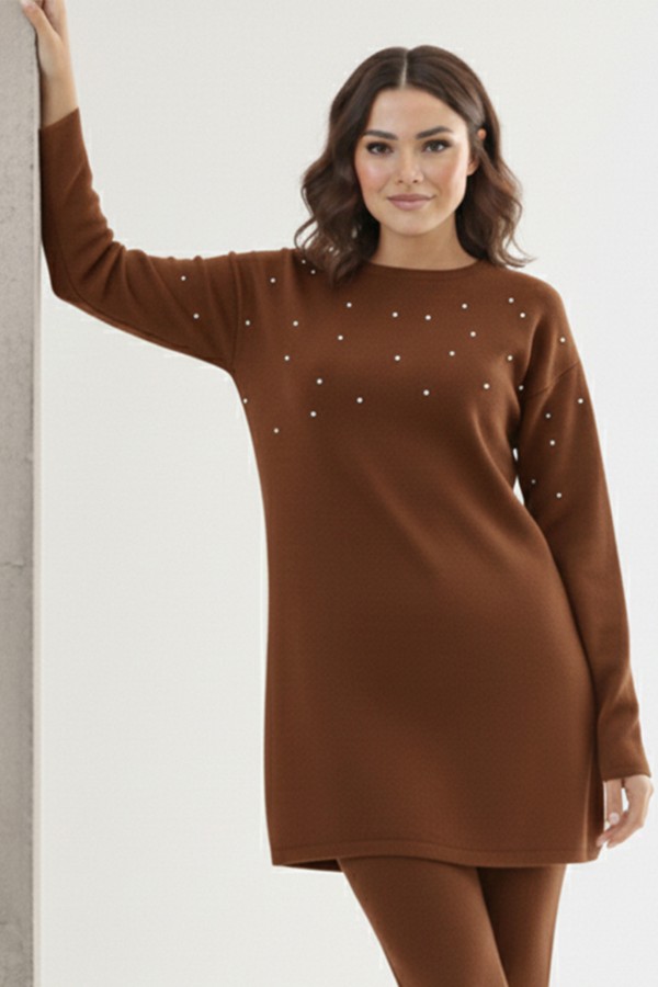 Taş Detaylı Triko Tunik P6205-1 Kahverengi