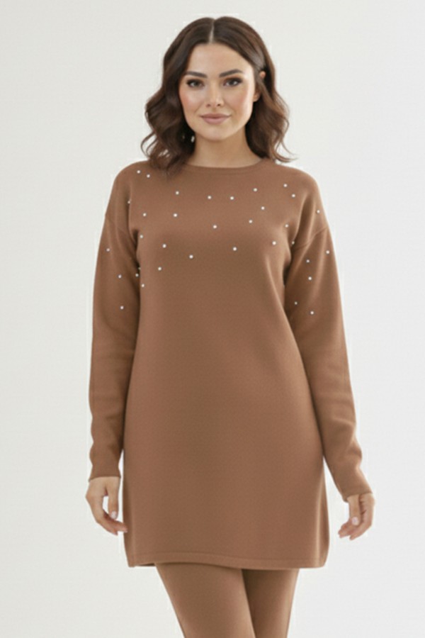 Taş Detaylı Triko Tunik P6205-1 Vizon