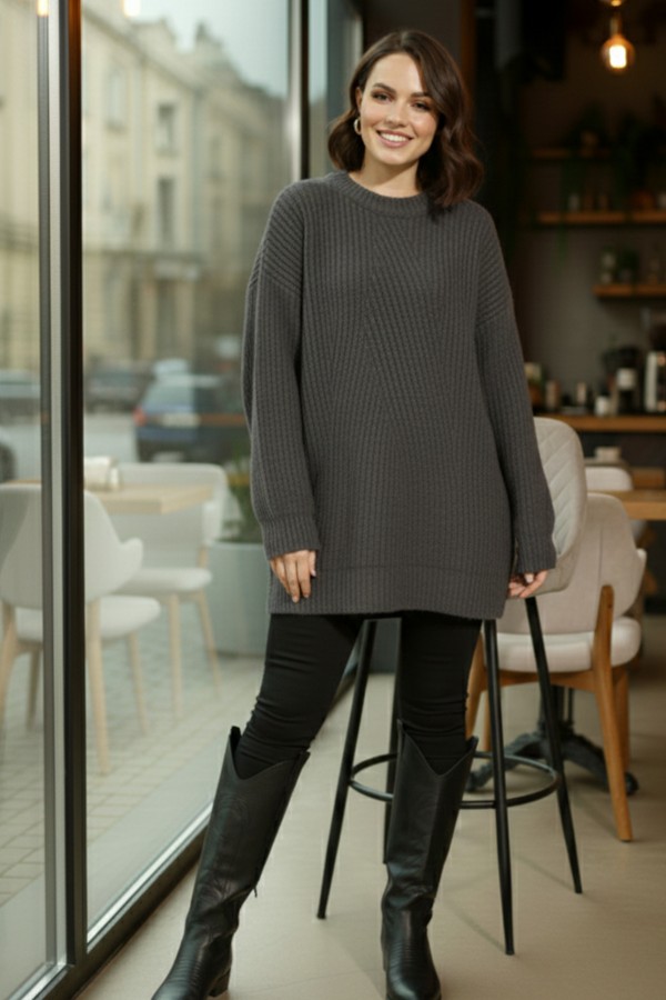 Kendinden Desenli Triko Tunik R4444 Antrasit