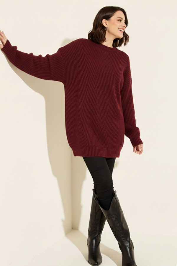 Kendinden Desenli Triko Tunik R4444 Bordo