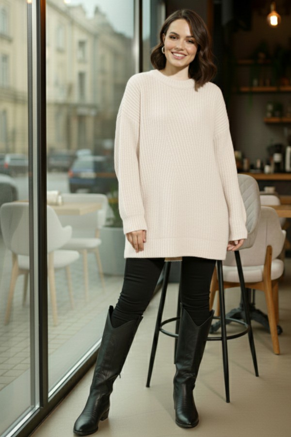 Kendinden Desenli Triko Tunik R4444 Ekru