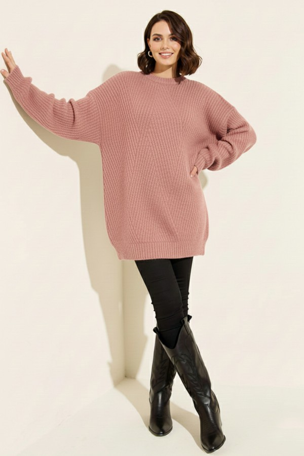 Kendinden Desenli Triko Tunik R4444 Gül Kurusu