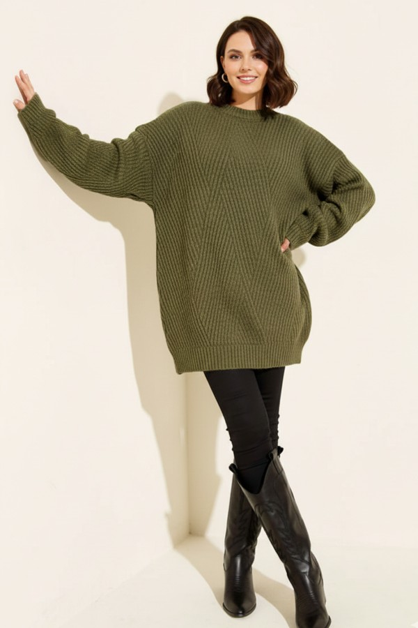 Kendinden Desenli Triko Tunik R4444 Haki