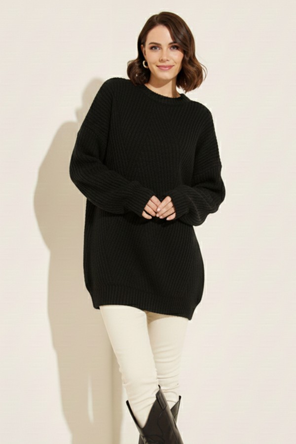 Kendinden Desenli Triko Tunik R4444 Siyah