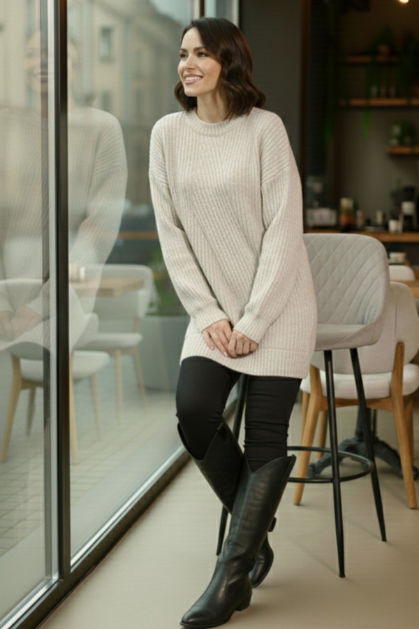 Kendinden Desenli Triko Tunik R4444 Taş Rengi