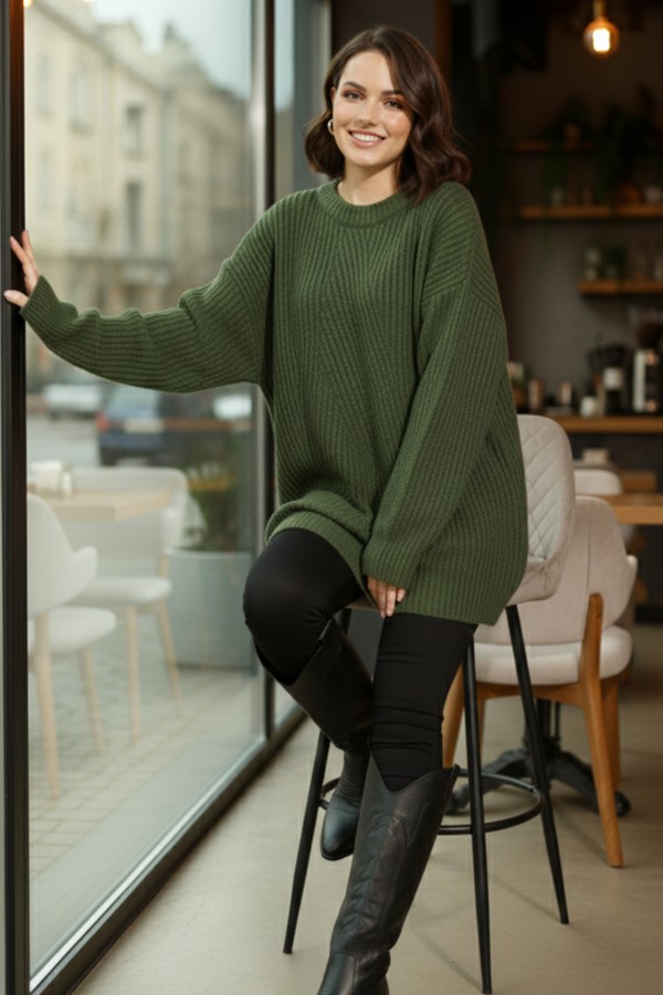 Kendinden Desenli Triko Tunik R4444 Yeşil