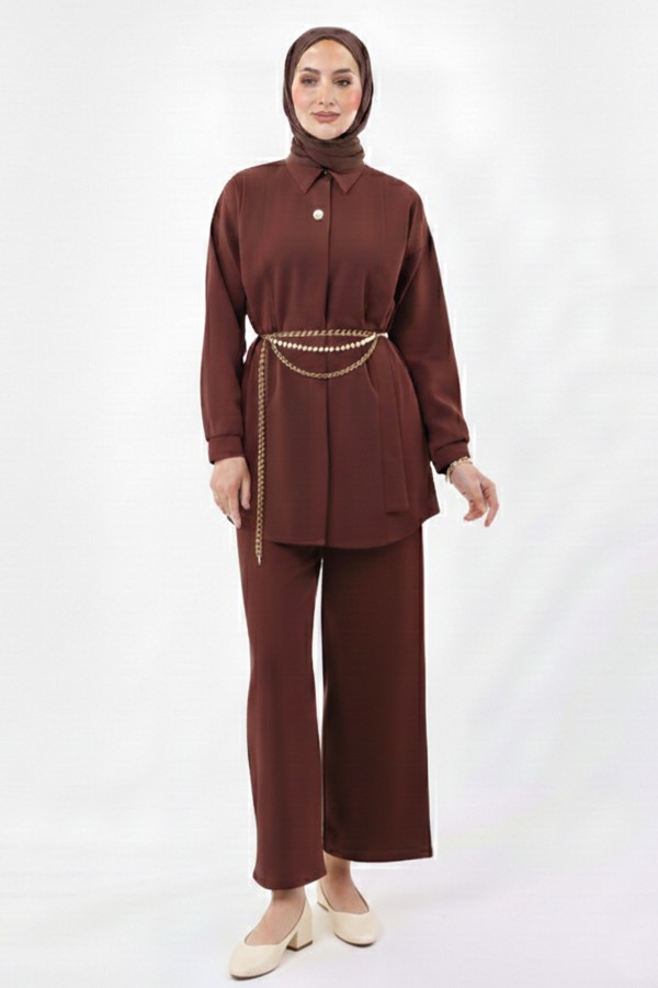 Broş Detaylı Tesettür İkili Takım N7178 Kahverengi