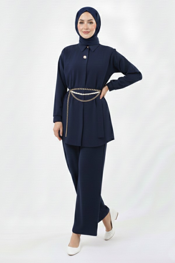 Broş Detaylı Tesettür İkili Takım N7178 Lacivert