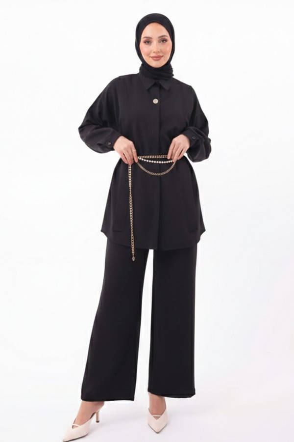 Broş Detaylı Tesettür İkili Takım N7178 Siyah