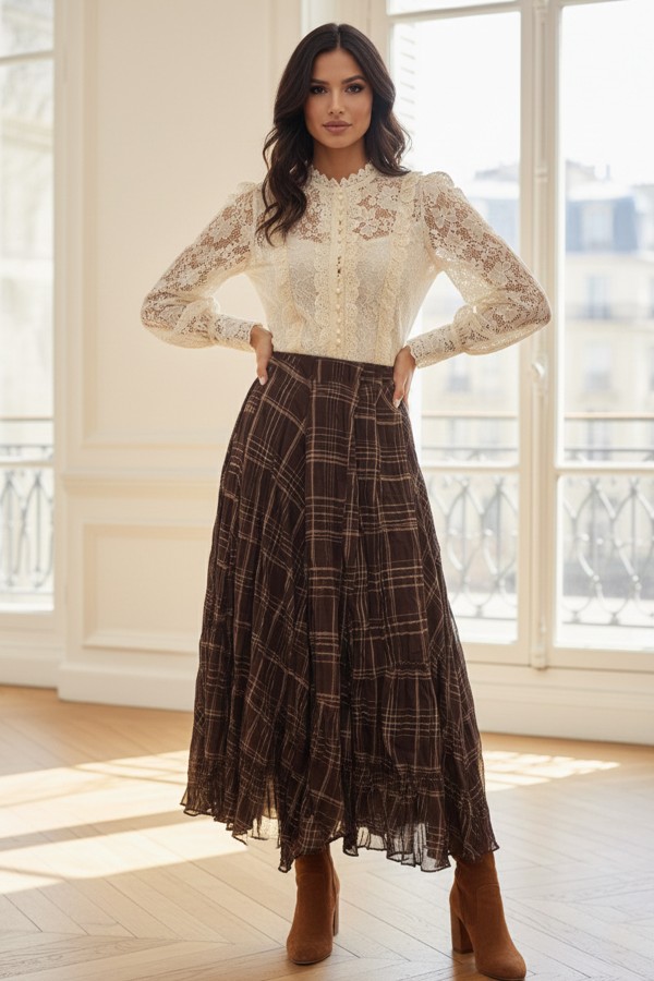 Yoryo Şifon Etek N7019 Kahverengi