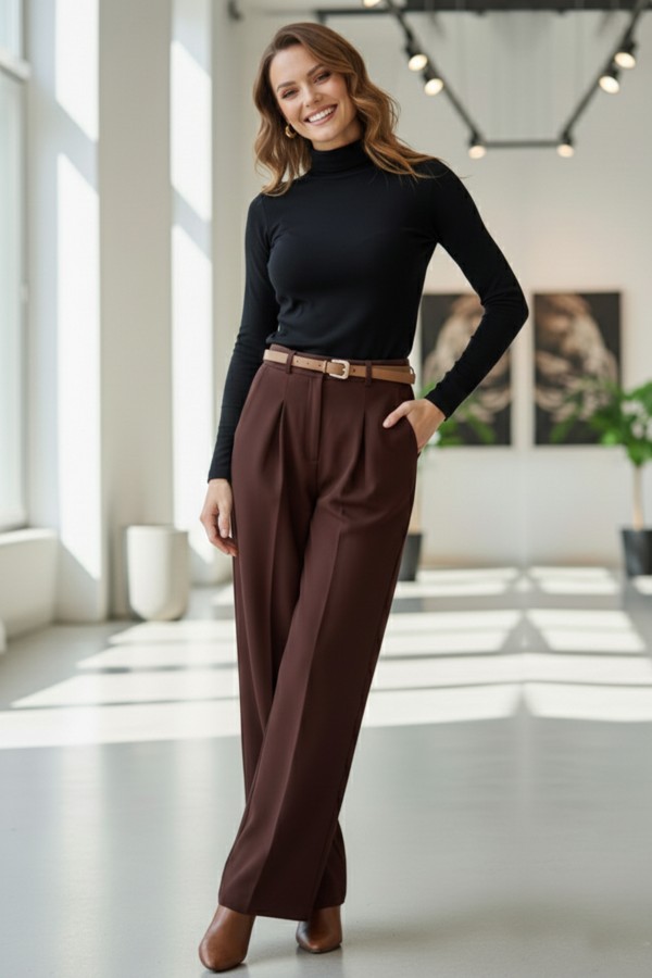 Kemerli Palazzo Kumaş Pantolon B30051 Kahverengi