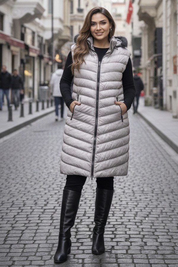 Uzun Şişme Yelek K9595 Gri