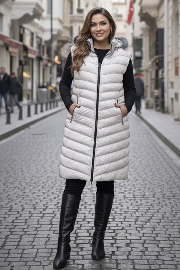 Uzun Şişme Yelek K9595 Taş Rengi