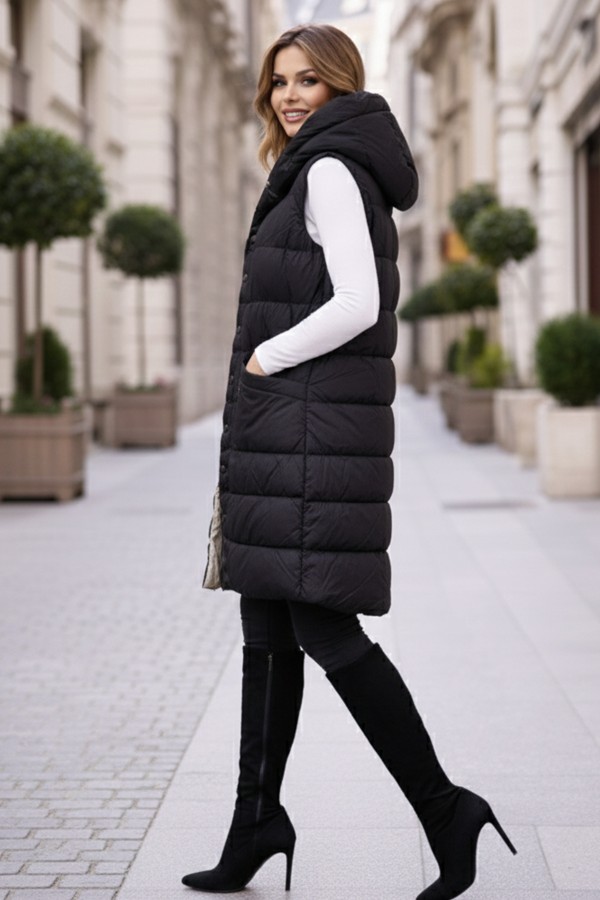 Uzun Şişme Yelek K9597 Siyah