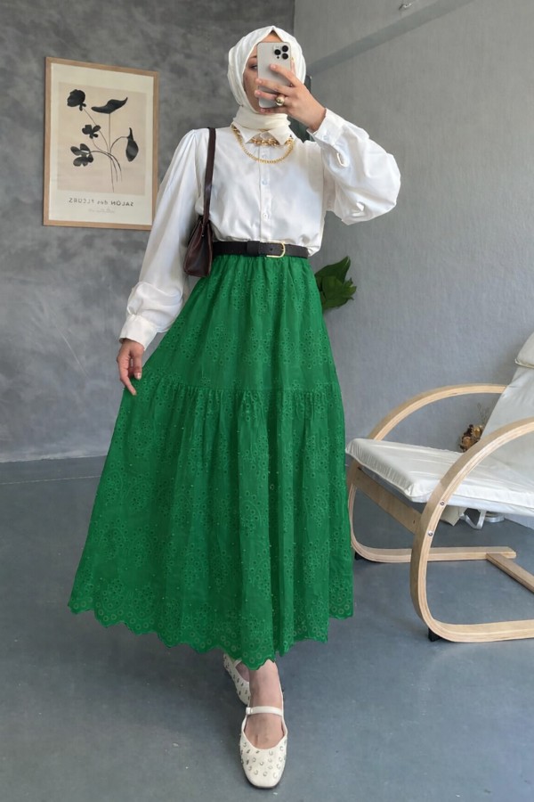 İncili Brode Etek 1395 Zümrüt Yeşili