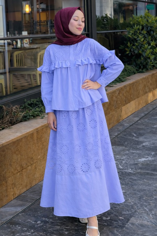 Taş Detaylı Brode Etekli Takım 3007 Mavi Taş Detaylı Brode Etekli Takım 3007 Mavi