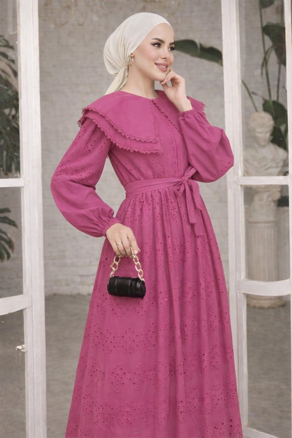 1421 Yaka Detaylı Dantelli Elbise Fuşya 1421 Yaka Detaylı Dantelli Elbise Fuşya