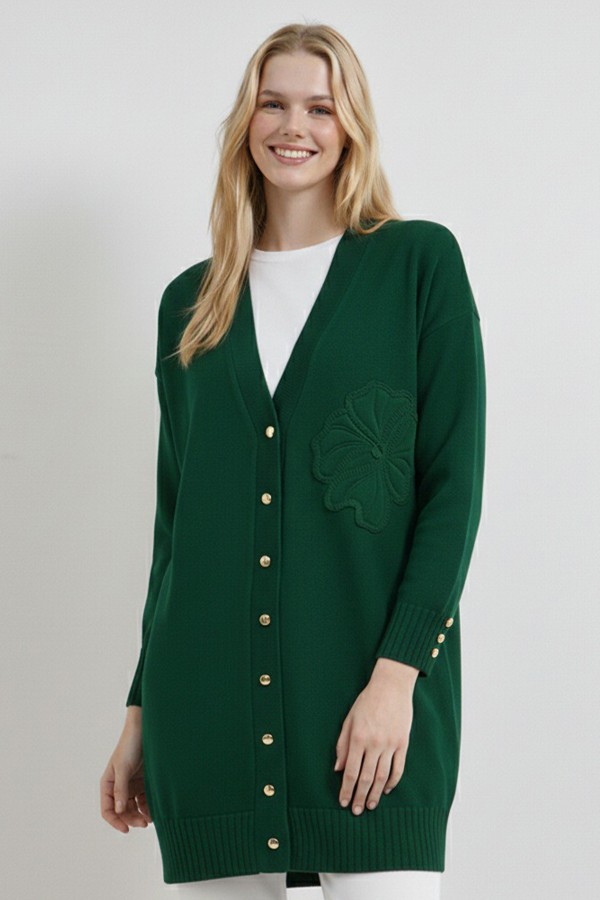 Çiçek Desenli Hırka N3302 Zümrüt Yeşili