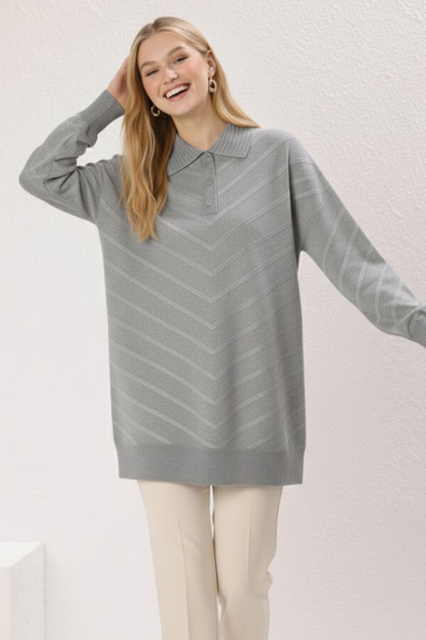 Desenli Tesettür Tunik N3304 Gri
