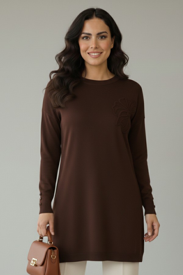 Çiçek Desenli Tunik N3303 Kahverengi