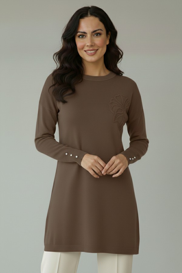 Çiçek Desenli Tunik N3303 Vizon