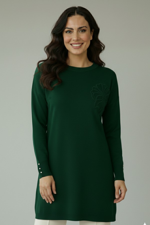 Çiçek Desenli Tunik N3303 Zümrüt Yeşili