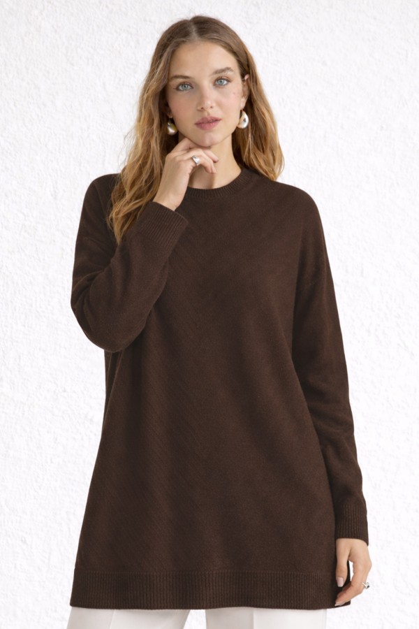 Desenli Tesettür Tunik N3192 Kahverengi