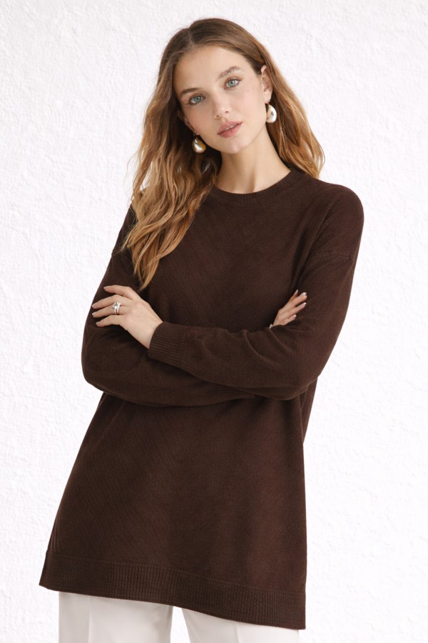 Desenli Tesettür Tunik N3192 Kahverengi Desenli Tesettür Tunik N3192 Kahverengi