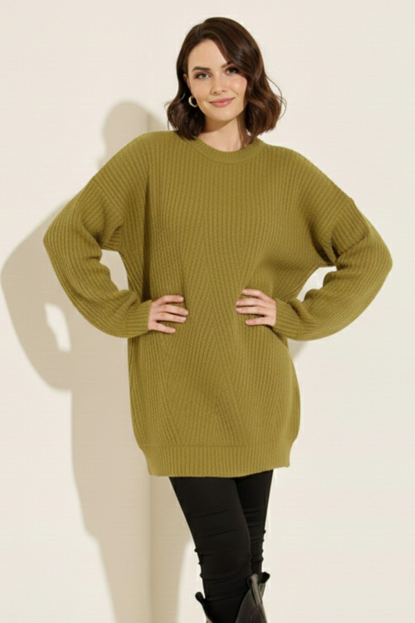 Kendinden Desenli Triko Tunik R4444 Yağ Yeşili