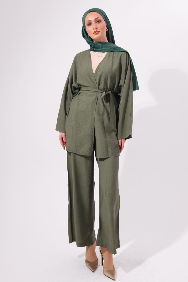 Taşlı İkili Takım N7157 Haki